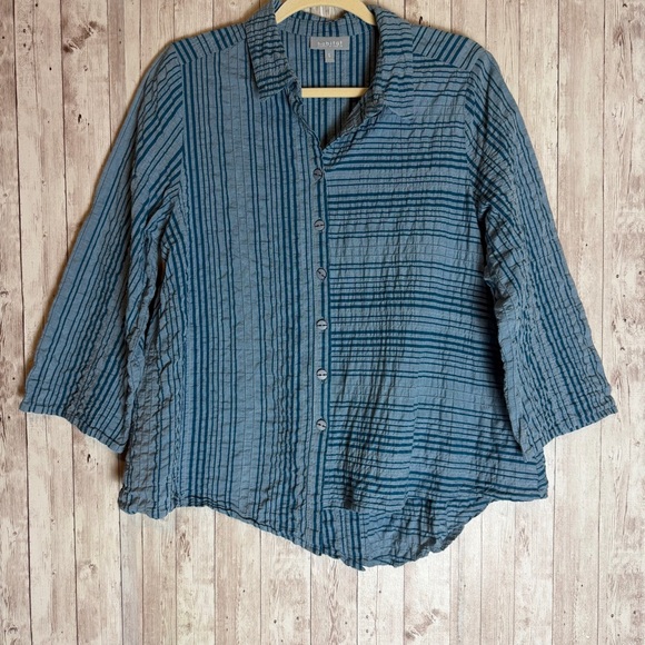 Habitat Tops - Habitat Blue Contrast Striped Asymmetric Crinkle Blouse